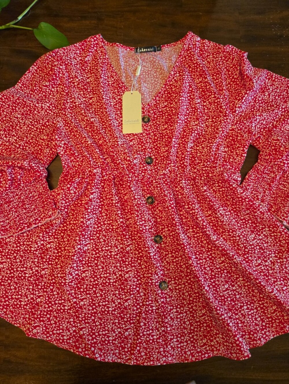Lokesaidi Red Ditsy Floral Peplum Top - V-Neck Button-Front Blouse